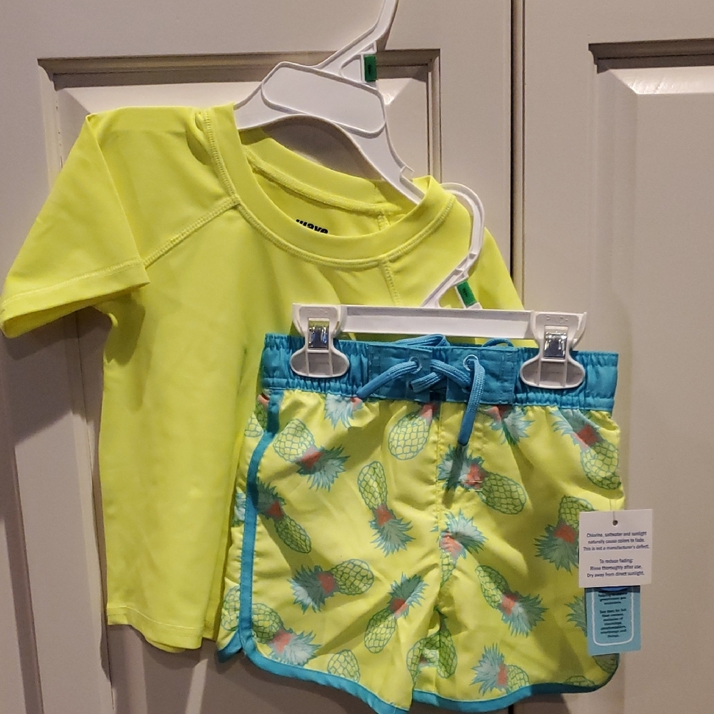 Baby Boys Wave Zone Rash Guard Swim Shirt/Top & Pineapple Trunks Size 12 mo NWT